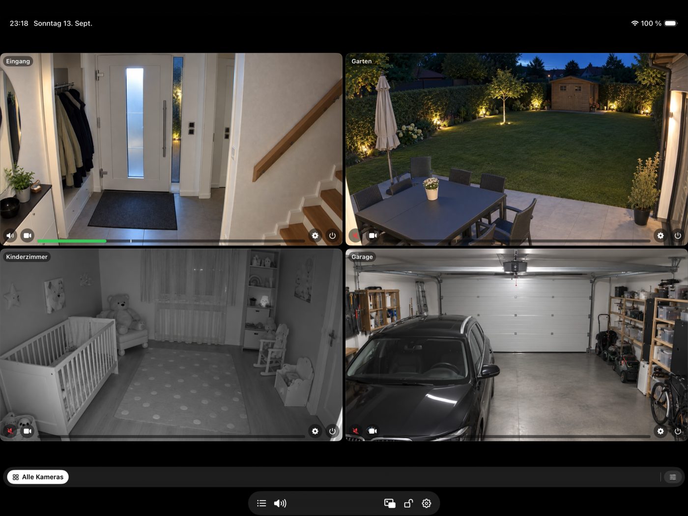 RTSP Mixer auf dem iPad mit vier Kameras: Haustür, Garten, Kinderzimmer und Garage.